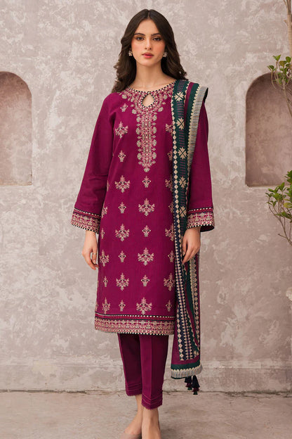 MP619-WINTER 3PC Dhannak Embroidered suit with Printed Shawll