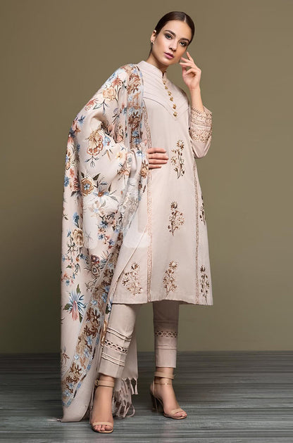MP589-WINTER 3PC Dhannak Embroidered suit with Printed Shawll