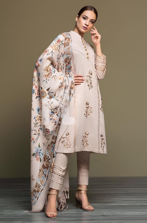 MP589-WINTER 3PC Dhannak Embroidered suit with Printed Shawll