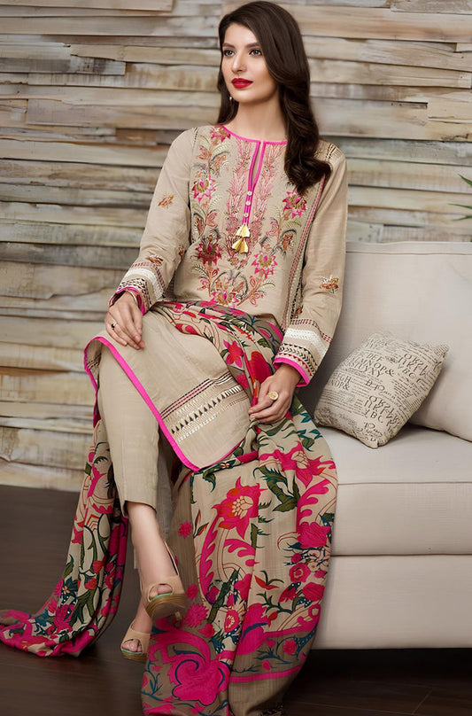 MP530-WINTER 3PC Khaddar Embroidered Suit with Printed Wool Shawll
