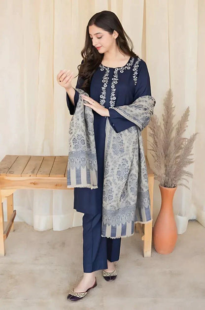 MP627-WINTER 3PC Dhannak Embroidered suit with Printed Shawll
