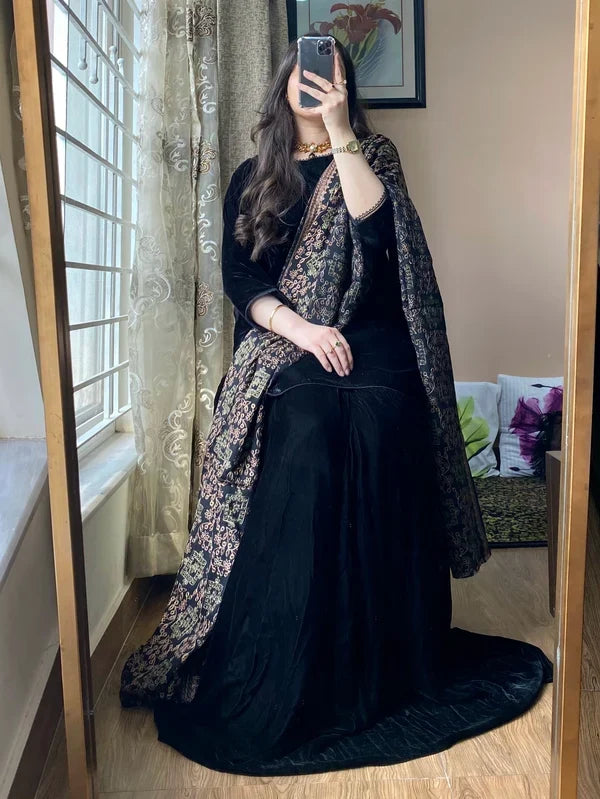 MP1315 - Azure - Winter Velvet Dress with Printed Dhanak Shawl
