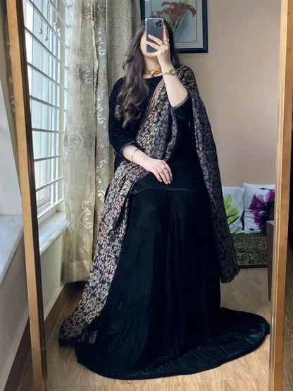 MP1315 - Azure - Winter Velvet Dress with Printed Dhanak Shawl