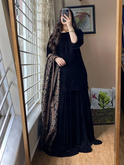 MP1315 - Azure - Winter Velvet Dress with Printed Dhanak Shawl