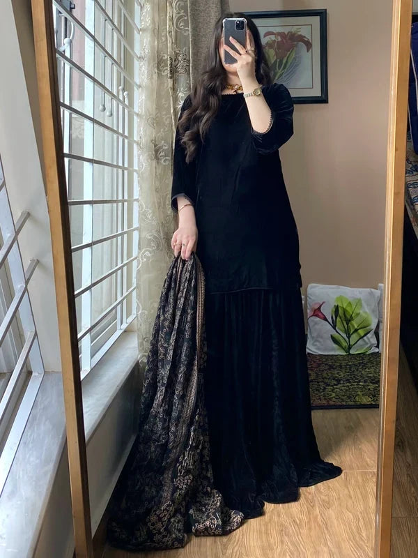 MP1315 - Azure - Winter Velvet Dress with Printed Dhanak Shawl