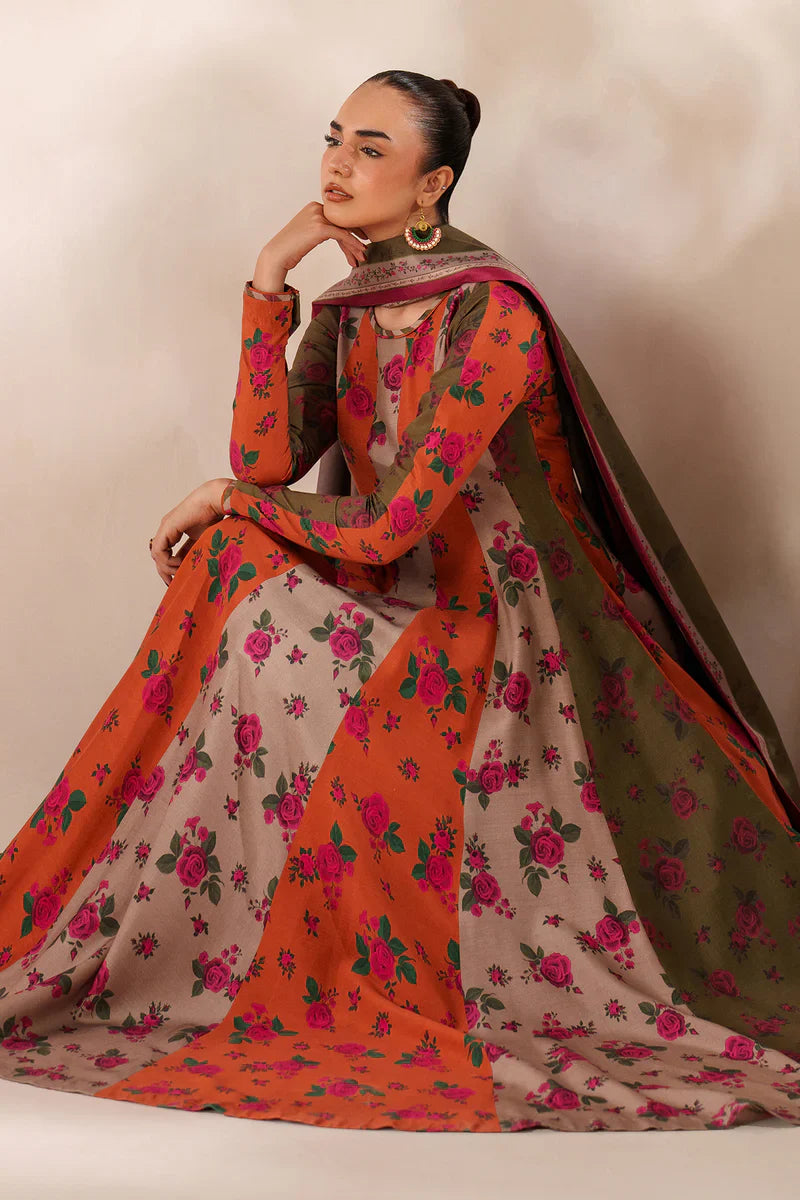MP3395-Baroque - Winter 3PC Frock Style Karandi Digital Print Dress