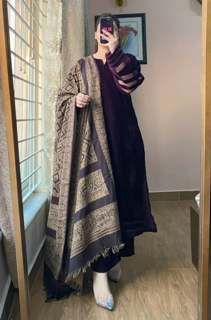 MP33117 - Velvet Dress with Printed Dhanak Shawl
