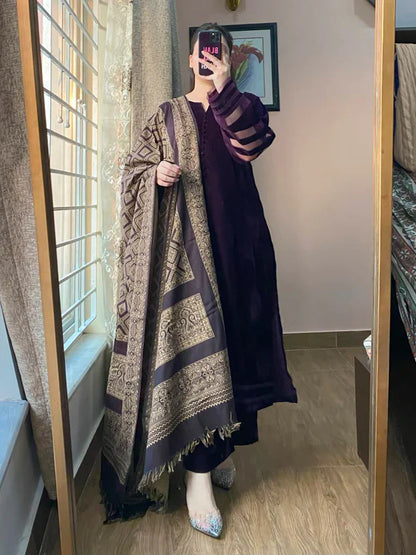 MP33117 - Velvet Dress with Printed Dhanak Shawl