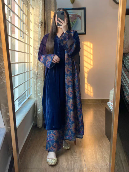 Mp33120- Velvet Dress with Printed Dhanak Shawl