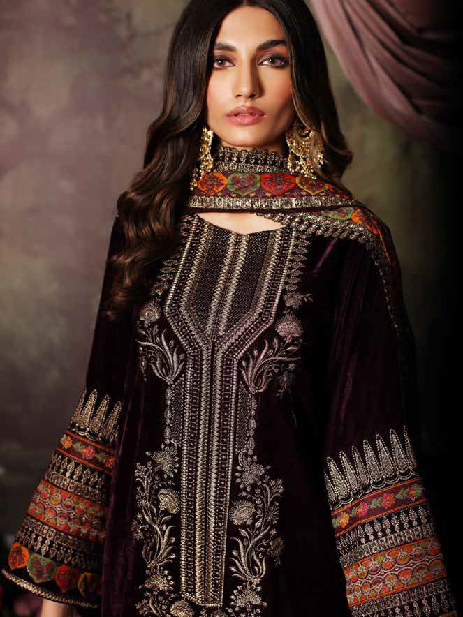 MP1105 - Winter Unstitched 3PCs Embroidered Velvet Dress With Embroidered Organza Dupatta