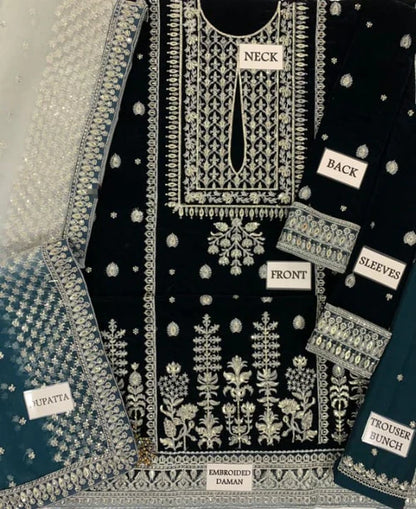 MP1106 - Winter Unstitched 3PCs Velvet Embroidered Dress With Embroidered Organza Dupatta