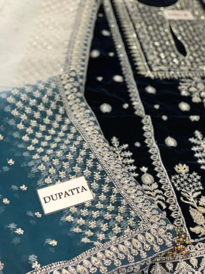 MP1106 - Winter Unstitched 3PCs Velvet Embroidered Dress With Embroidered Organza Dupatta