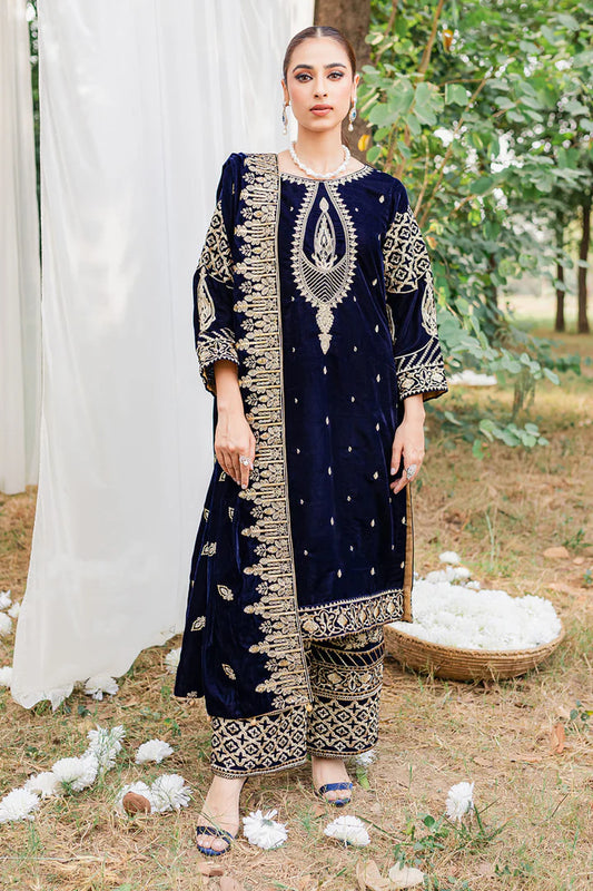 MP1110 - Winter Unstitched 3PCs Velvet Embroidered Dress  Premium Velvet Embroidered Shawl Premium Shamoz Silk Trouser Premium & High Quality