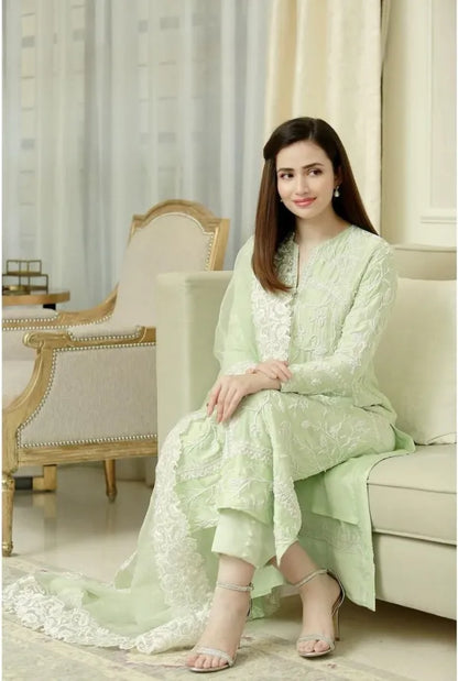MP210-Pista- 3PC Lawn Heavy Embroidered Shirt With Organza Embroidered Dupatta