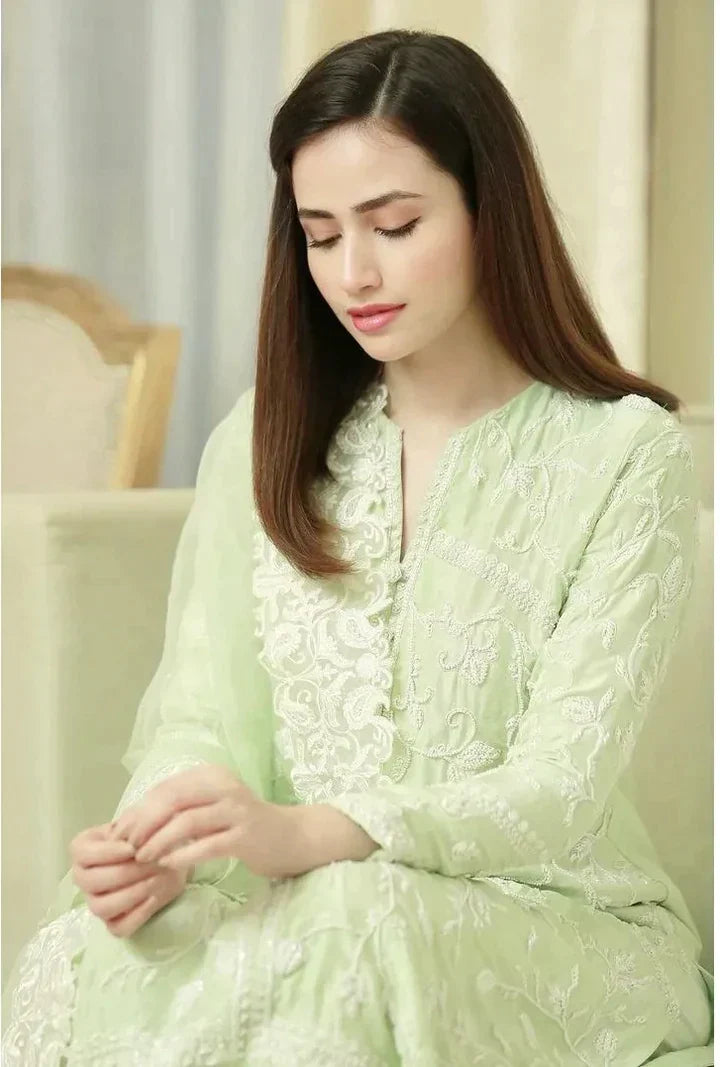 MP210-Pista- 3PC Lawn Heavy Embroidered Shirt With Organza Embroidered Dupatta