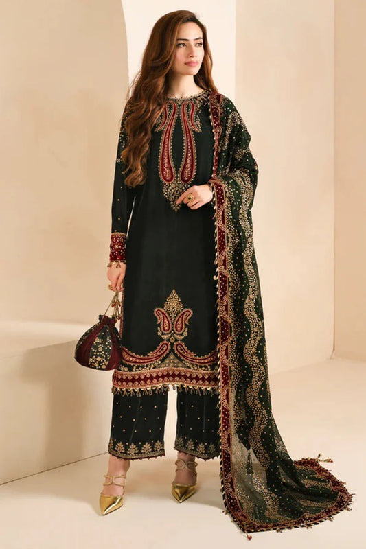 MP1102- Velvet Winter Embroidered 3 Piece Dress With Organza Printed Dopata