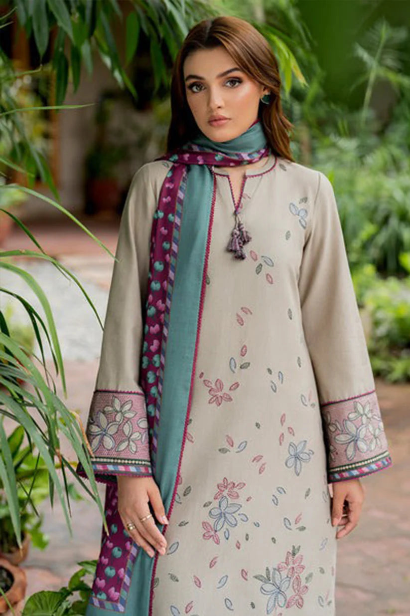 MP818-WINTER 3PC Dhannak Embroidered suit with Printed Shawll
