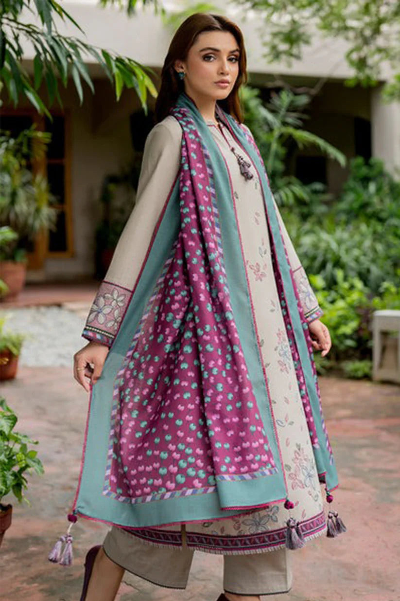 MP818-WINTER 3PC Dhannak Embroidered suit with Printed Shawll
