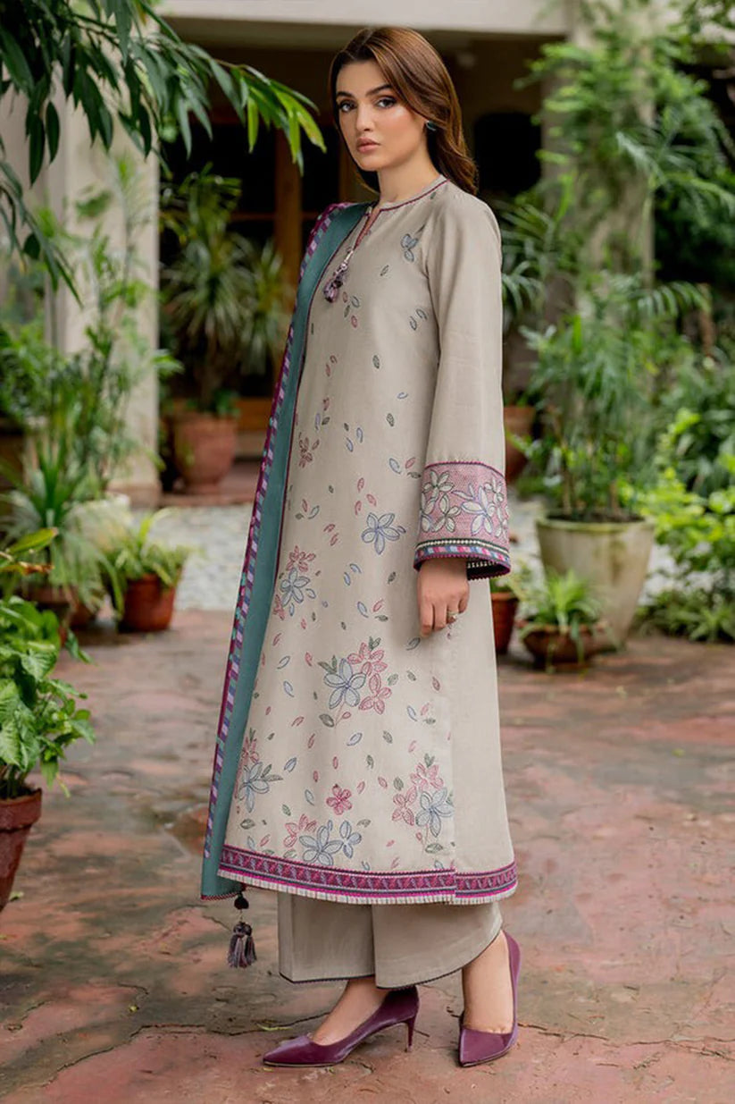MP818-WINTER 3PC Dhannak Embroidered suit with Printed Shawll