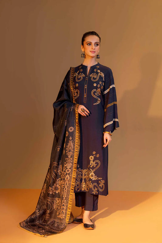 MP824-WINTER 3PC Dhannak Embroidered suit with Printed Shawll