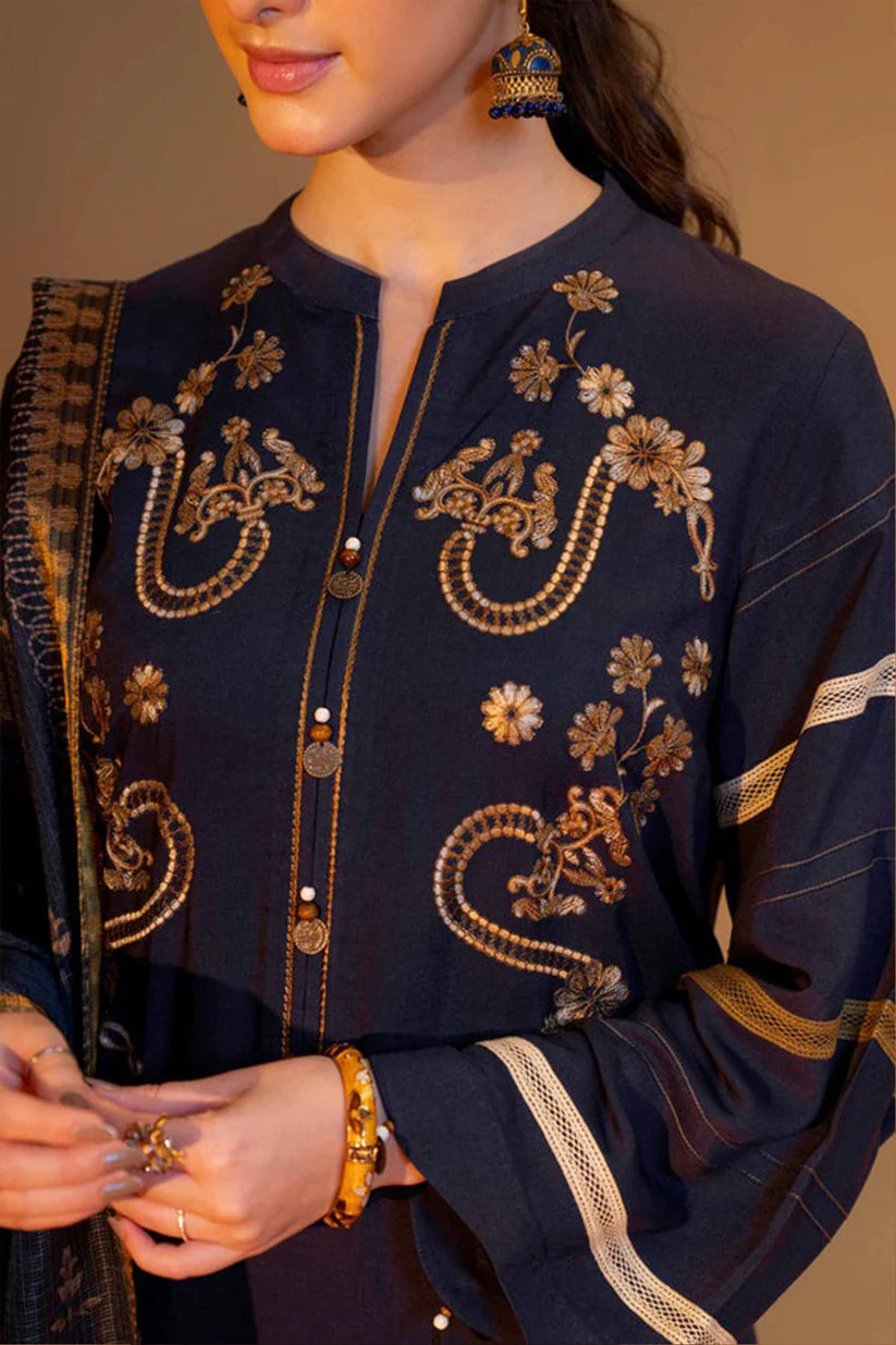 MP824-WINTER 3PC Dhannak Embroidered suit with Printed Shawll