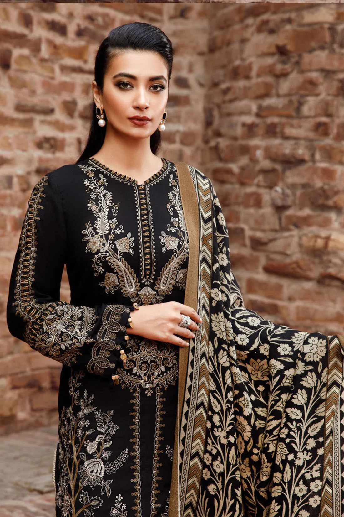 MP877-WINTER 3PC Dhannak Embroidered suit with Printed Shawll