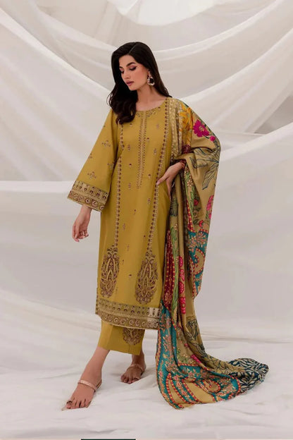MP940-WINTER 3PC Dhannak Embroidered suit with Printed Shawll