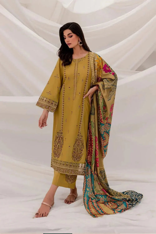MP940-WINTER 3PC Dhannak Embroidered suit with Printed Shawll