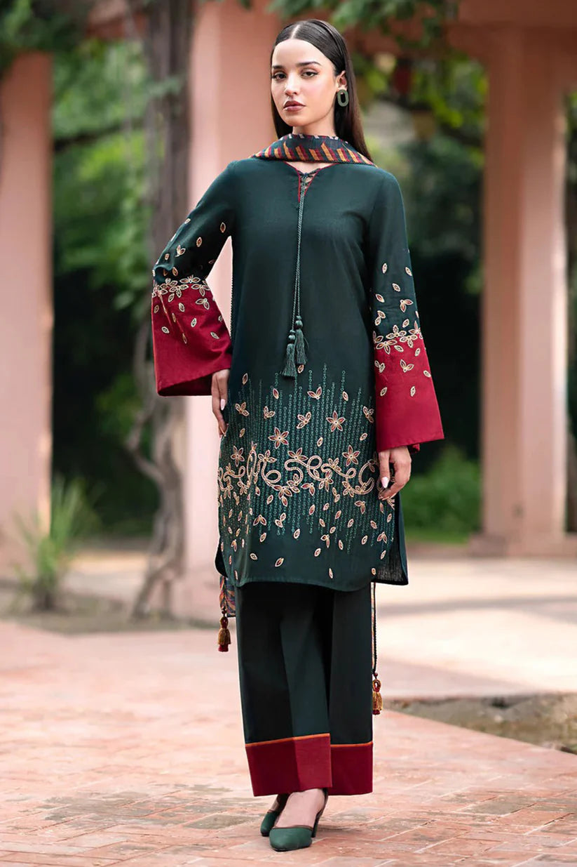 MP944-WINTER 3PC Dhannak Embroidered suit with Printed Shawll