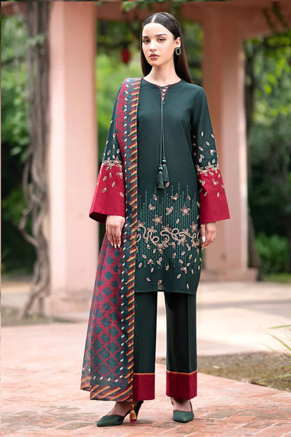 MP944-WINTER 3PC Dhannak Embroidered suit with Printed Shawll