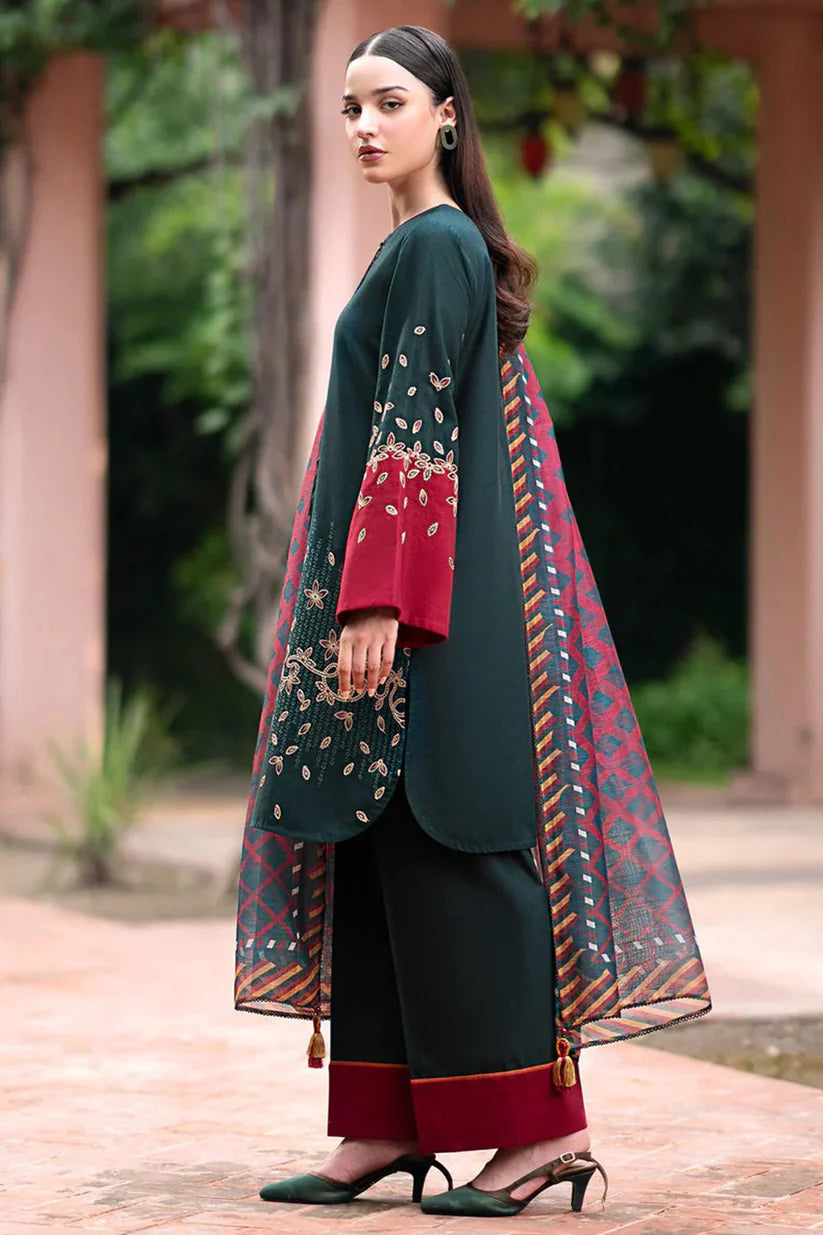 MP944-WINTER 3PC Dhannak Embroidered suit with Printed Shawll