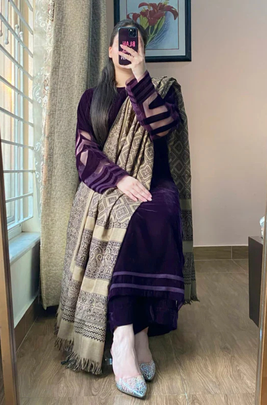 MP33117 - Velvet Dress with Printed Dhanak Shawl