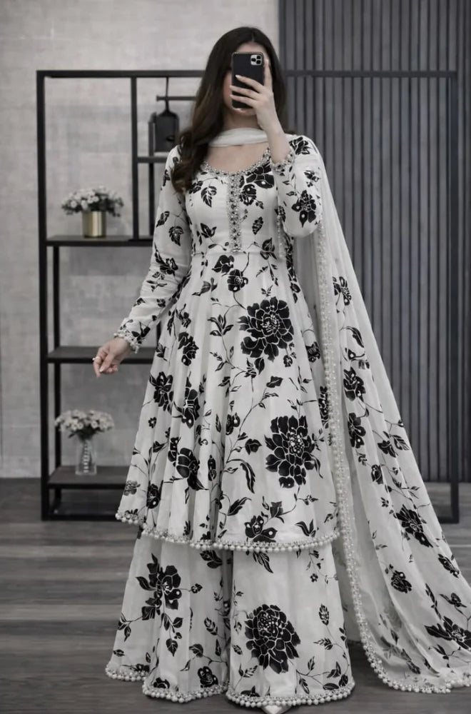 MP1213- Maliha - 3 piece kataan silk frock style Printed suit