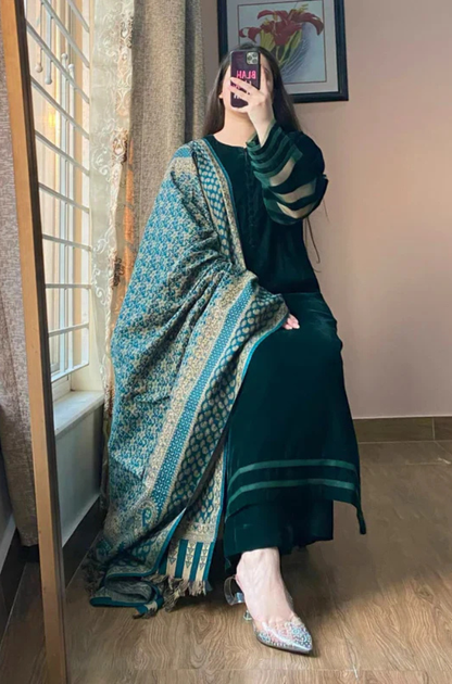 MP33118 - Velvet Dress with Printed Dhanak Shawl