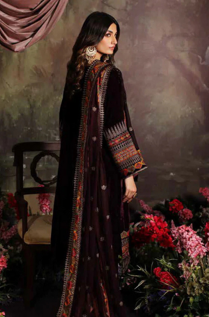 MP1105 - Winter Unstitched 3PCs Embroidered Velvet Dress With Embroidered Organza Dupatta