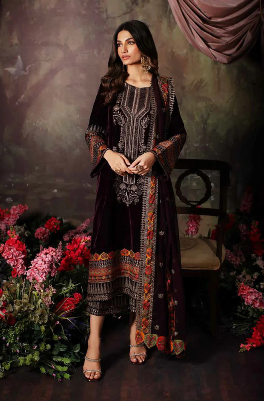 MP1105 - Winter Unstitched 3PCs Embroidered Velvet Dress With Embroidered Organza Dupatta