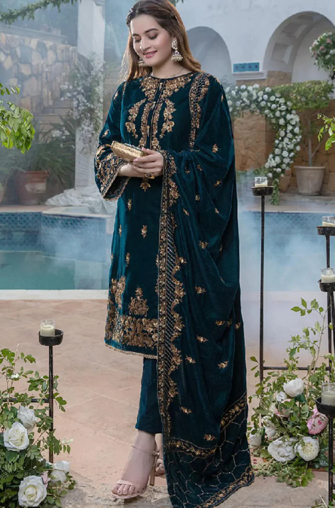 MP404-Embroidered Velvet Three piece With Velvet Shawl Winter Collection