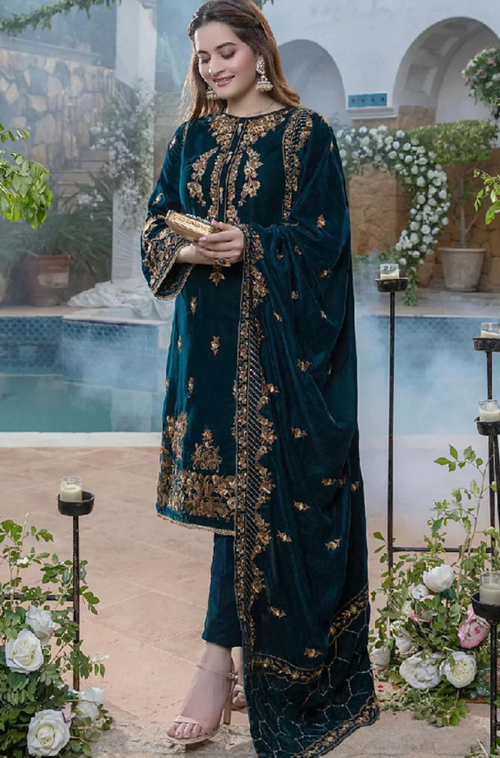 MP404-Embroidered Velvet Three piece With Velvet Shawl Winter Collection