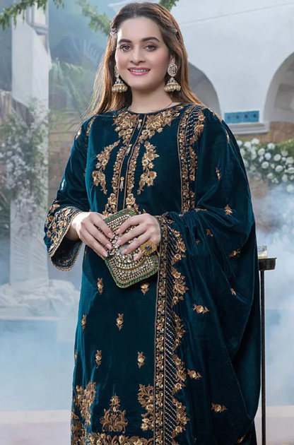 MP404-Embroidered Velvet Three piece With Velvet Shawl Winter Collection