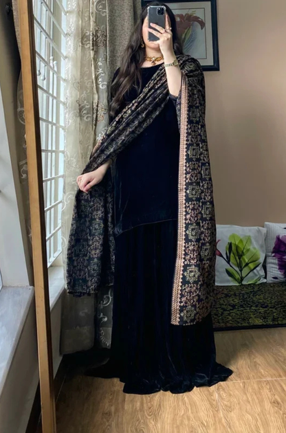 MP1315 - Azure - Winter Velvet Dress with Printed Dhanak Shawl