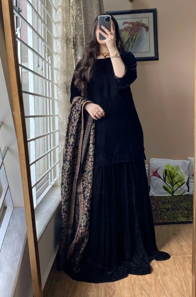 MP1315 - Azure - Winter Velvet Dress with Printed Dhanak Shawl