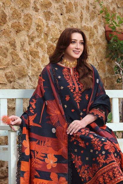 MP1243 - UNSTITCHED WINTER BATIK-3PC DHANAK EMBROIDERED SHIRT WITH COURTRAI PRINTED SHAWL
