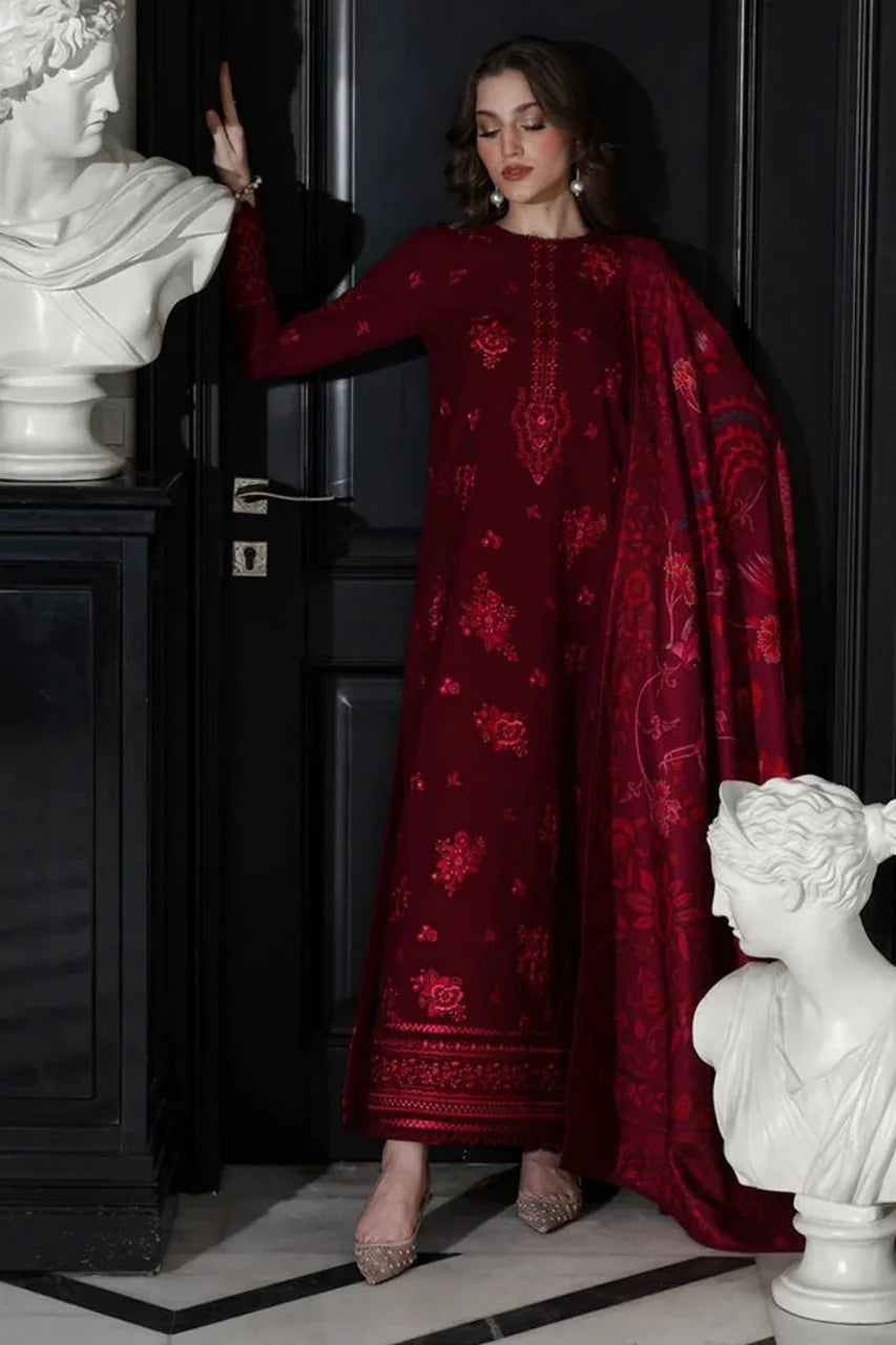 MP1238 - UNSTITCHED WINTER BATIK-3PC DHANAK EMBROIDERED SHIRT WITH COURTRAI PRINTED SHAWL & TROUSER