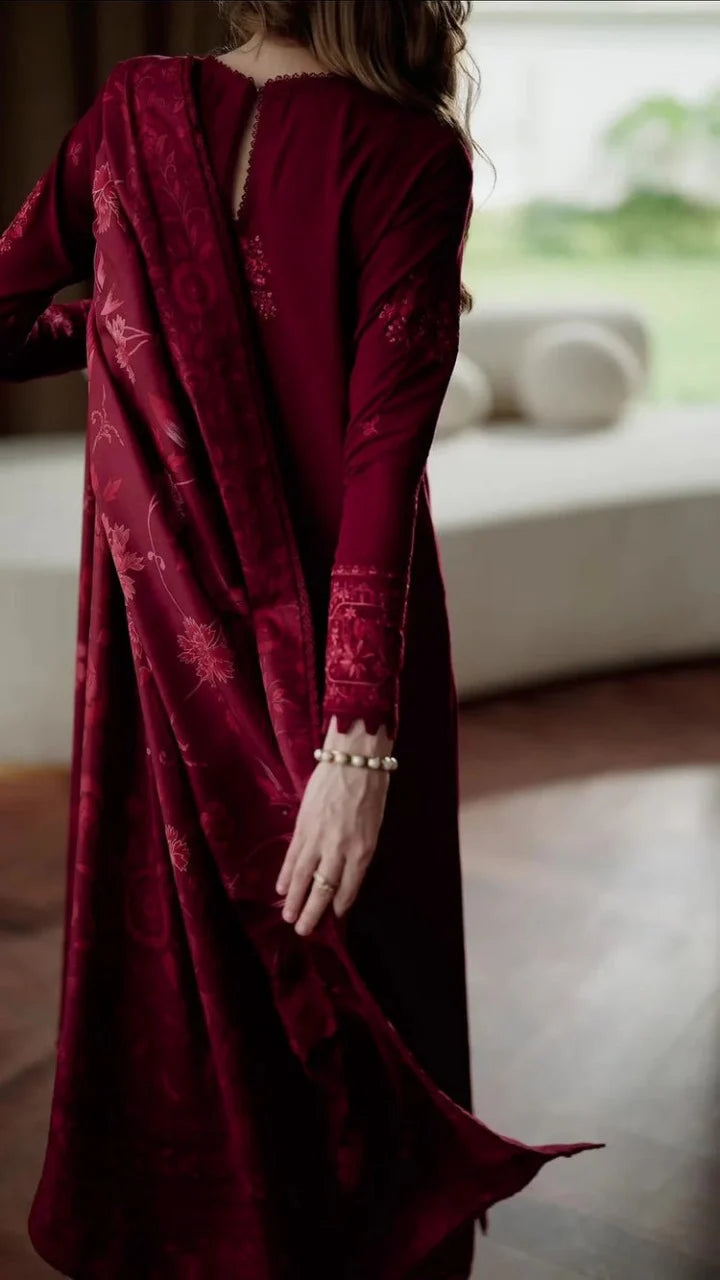 MP1238 - UNSTITCHED WINTER BATIK-3PC DHANAK EMBROIDERED SHIRT WITH COURTRAI PRINTED SHAWL & TROUSER