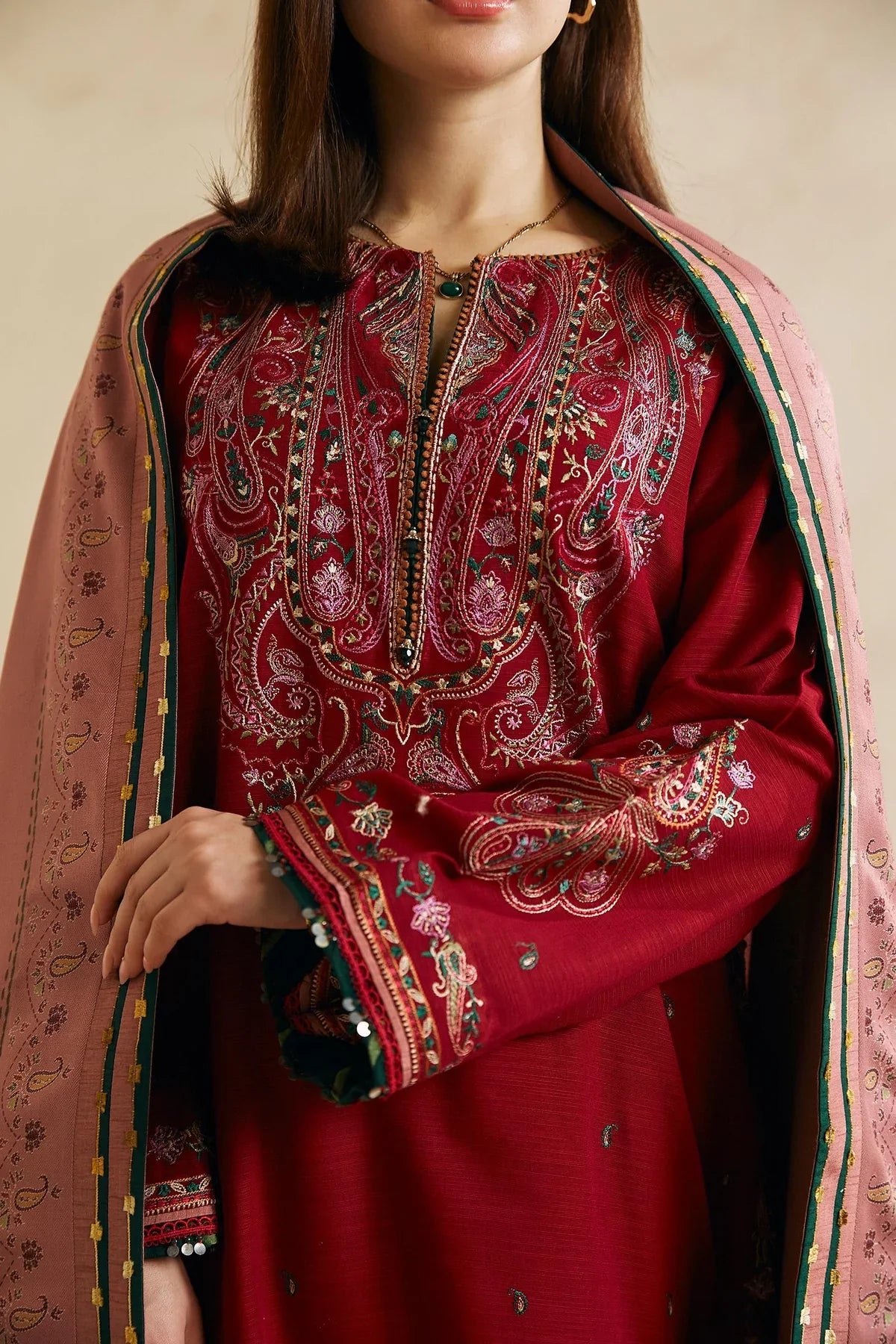 MP602-WINTER 3-Pc Embroidered Dhanak Suit with Heavy Embroidered Dhanak Shawll