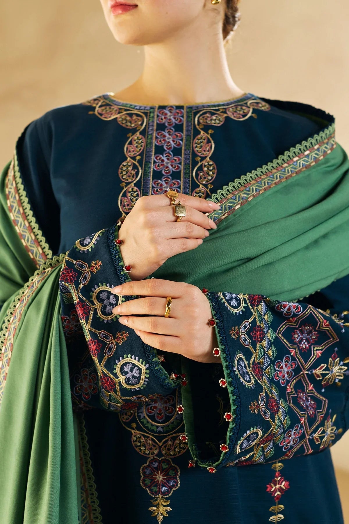 MP590-WINTER 3-Pc Embroidered Dhanak Suit with Heavy Embroidered Dhanak Shawll