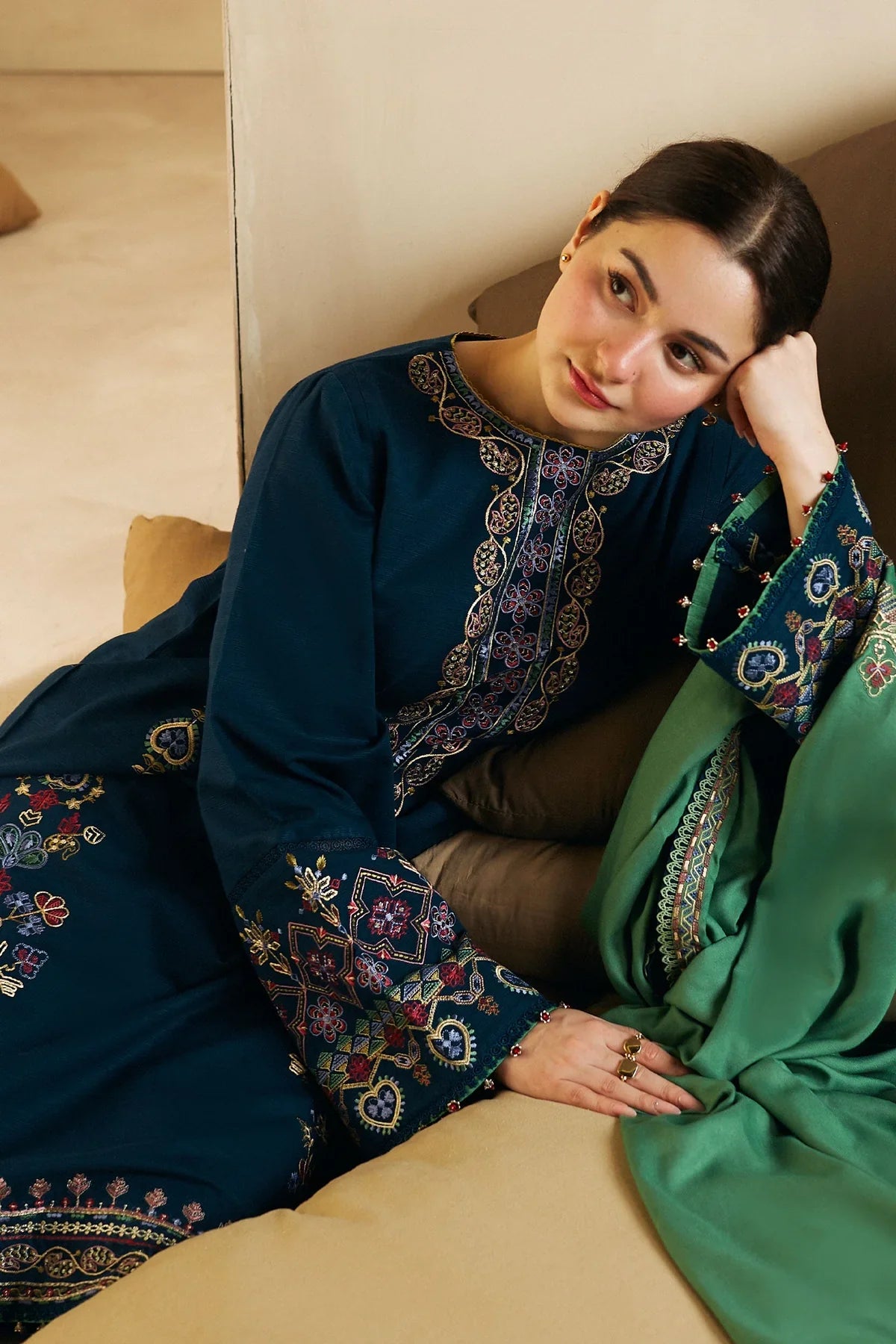MP590-WINTER 3-Pc Embroidered Dhanak Suit with Heavy Embroidered Dhanak Shawll
