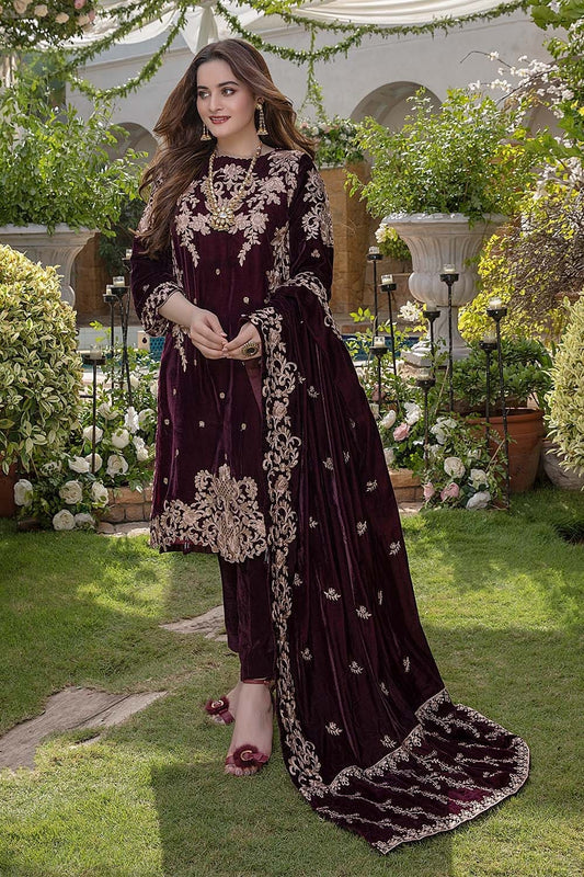 MP403-Embroidered Velvet Three piece With Velvet Shawl Winter Collection