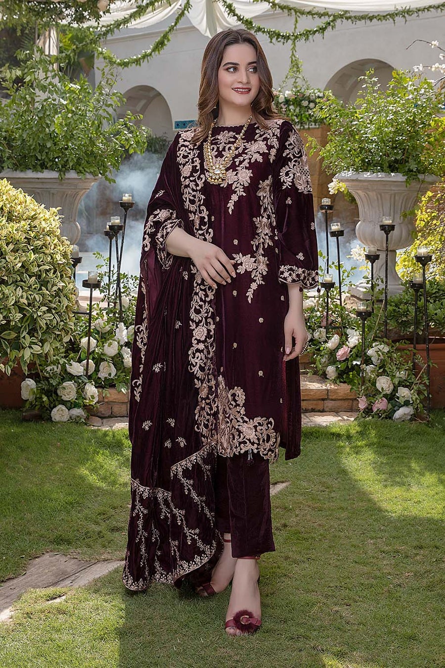 MP403-Embroidered Velvet Three piece With Velvet Shawl Winter Collection