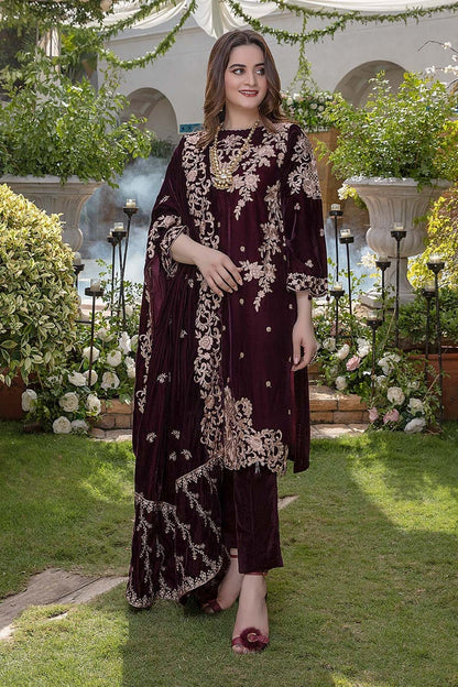 MP403-Embroidered Velvet Three piece With Velvet Shawl Winter Collection